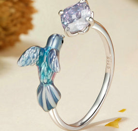 Gradient Kingfisher Petal Opening Smart Bird Sterling Silver Ring