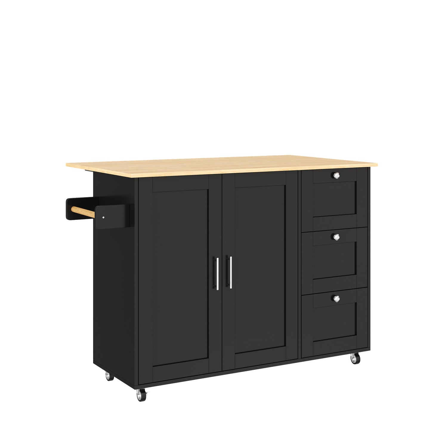 L135XW44 70XH90cm Large Mobile Kitchen Table, Oak Countertop, Folding Design, Multifunctional Cabinet, 3 Drawers, Towel Rail, Suitable For Kitchen, Dining Room, Home