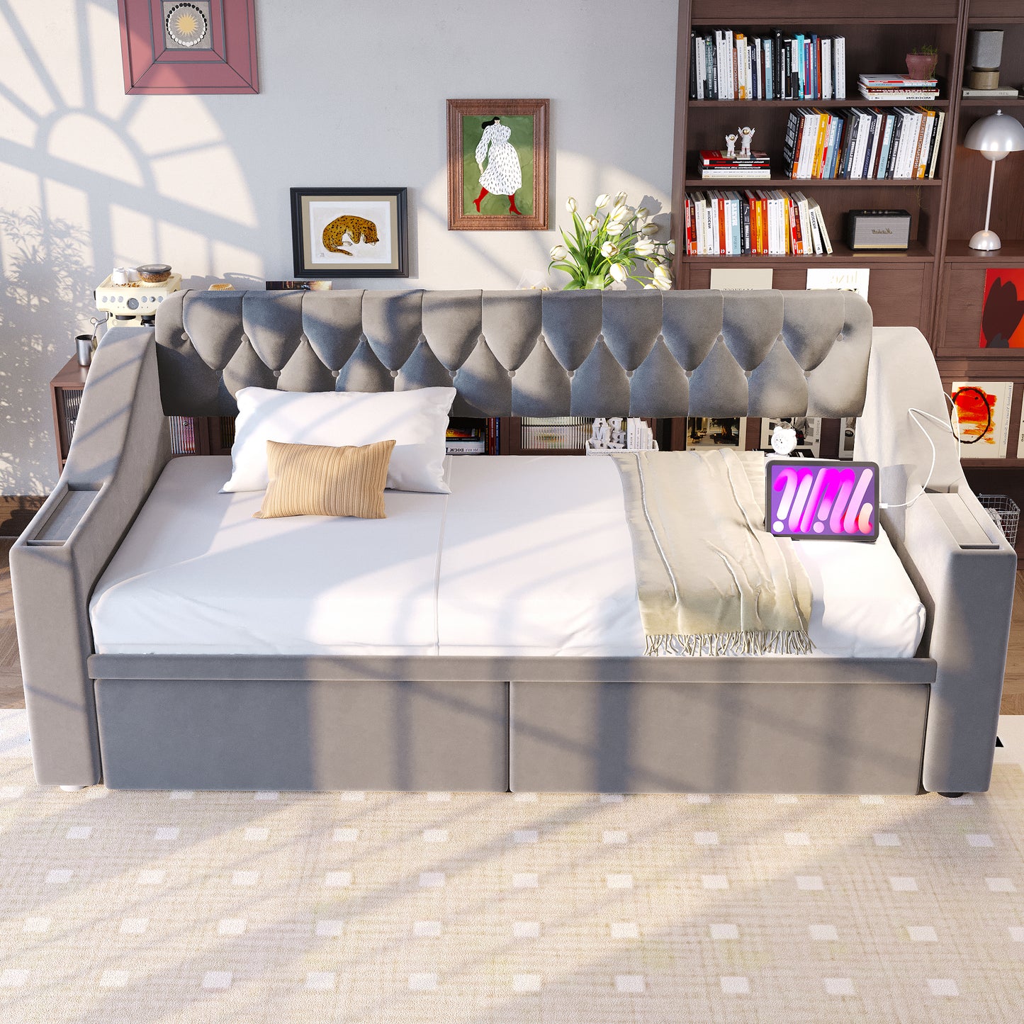 Upholstered Bed Sofa Bed 90x190 Cm, Wider And Thicker Armrests With USB Charging Port, Integrated Shelf In The Armrests, With Storage Pockets, With Storage Drawer, Velvet Fabric, Light Grey
