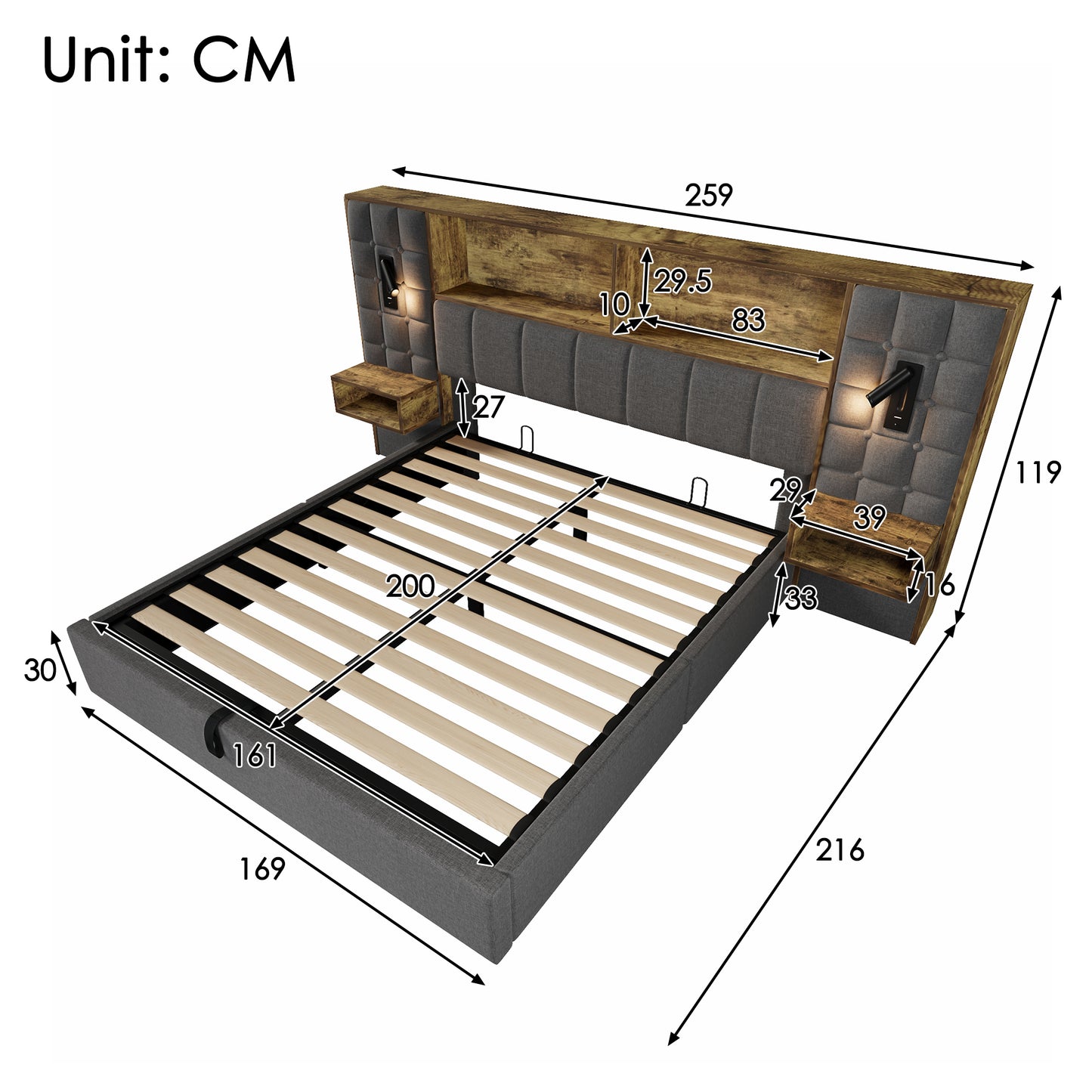 Upholstered Bed 160x200 With Storage Space, Grey System Bed, LED Lighting & 2 Reading Lamps, 2 Integrated Bedside Tables, USB Type-C Charging Port, Linen Fabric, Including Slatted Frame, Without Mattr
