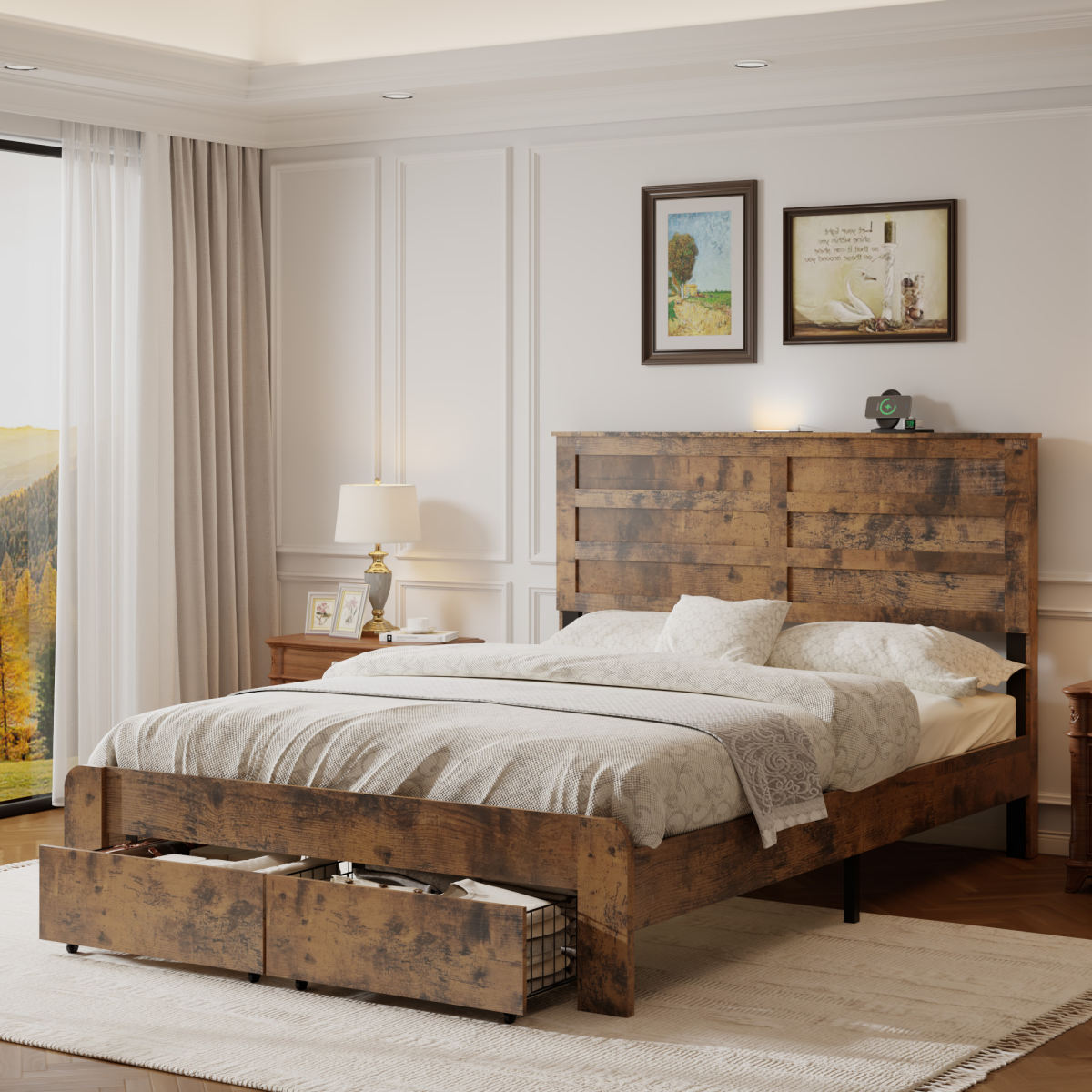 Full Rustic Bed Frame With LED Headboard, Charging Station & Drawers, Dark Brown
