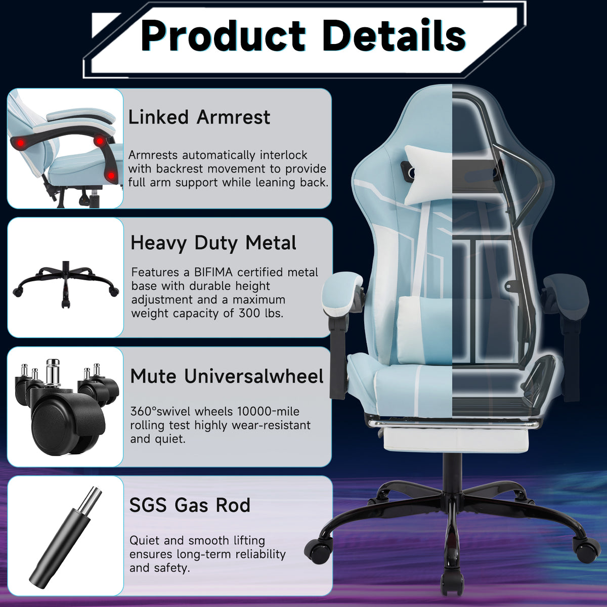 Gaming Chair, Computer Chair Ergonomic Chair With Footrest Office Chair Ergonomic Computer Chair With Lumbar Backrest Bluewhite