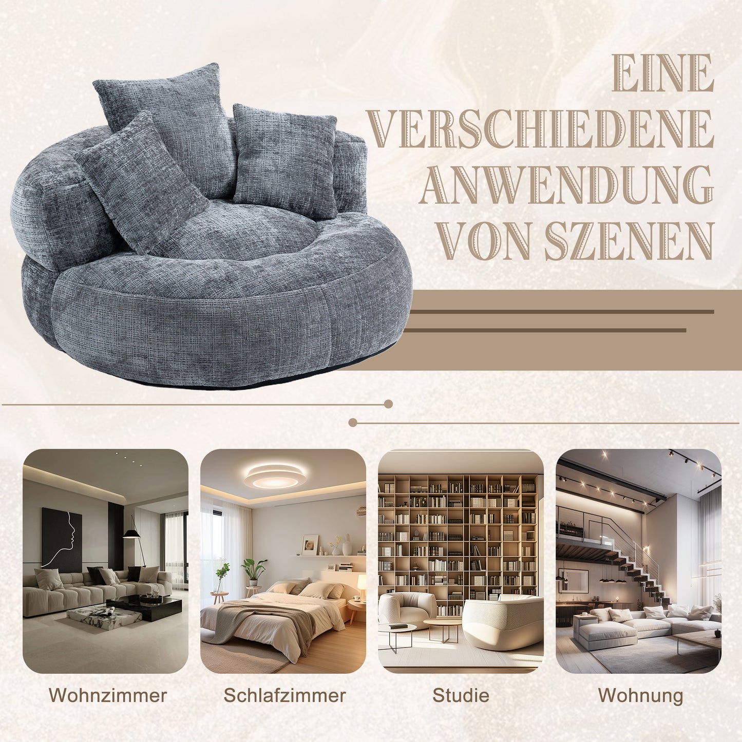 Lazy Sofa Durable Comfort Lounger High Back Bean Bag Chair Couch With Three Cushions For Adults And Kids, Indoor & Outdoor, Single Gaming Sofa Chair For Bedroom, Office Gray Chenille