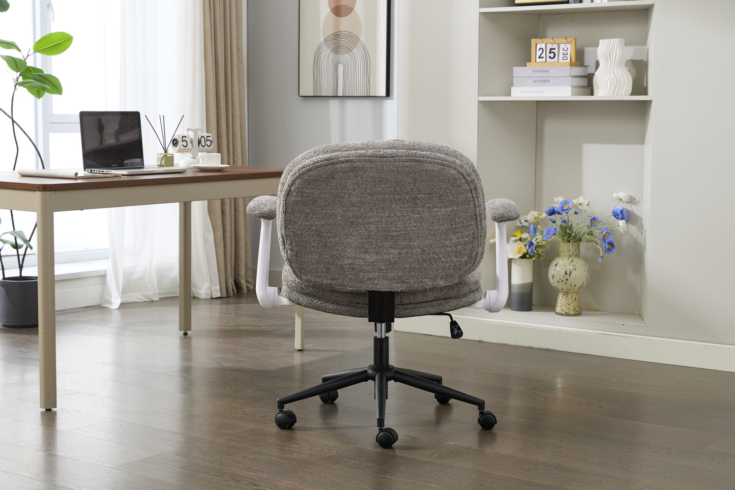 Cross Legged Chair With Flip-up Armrests, Comfy Swivel Chairs With Wide Seat For Women, Adjustable Makeup Vanity Chair For Apartment, Home, Office,Grey.