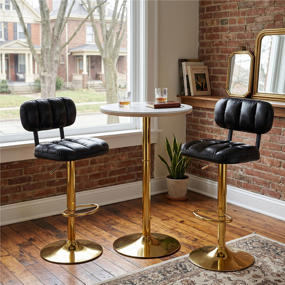 Set Of 2 Modern Bar Stools With Adjustable Height, Black PU Leather Upholstered Stools With Gold Metal Base & Footrest For Kitchen Island, Home Bar, Game Room