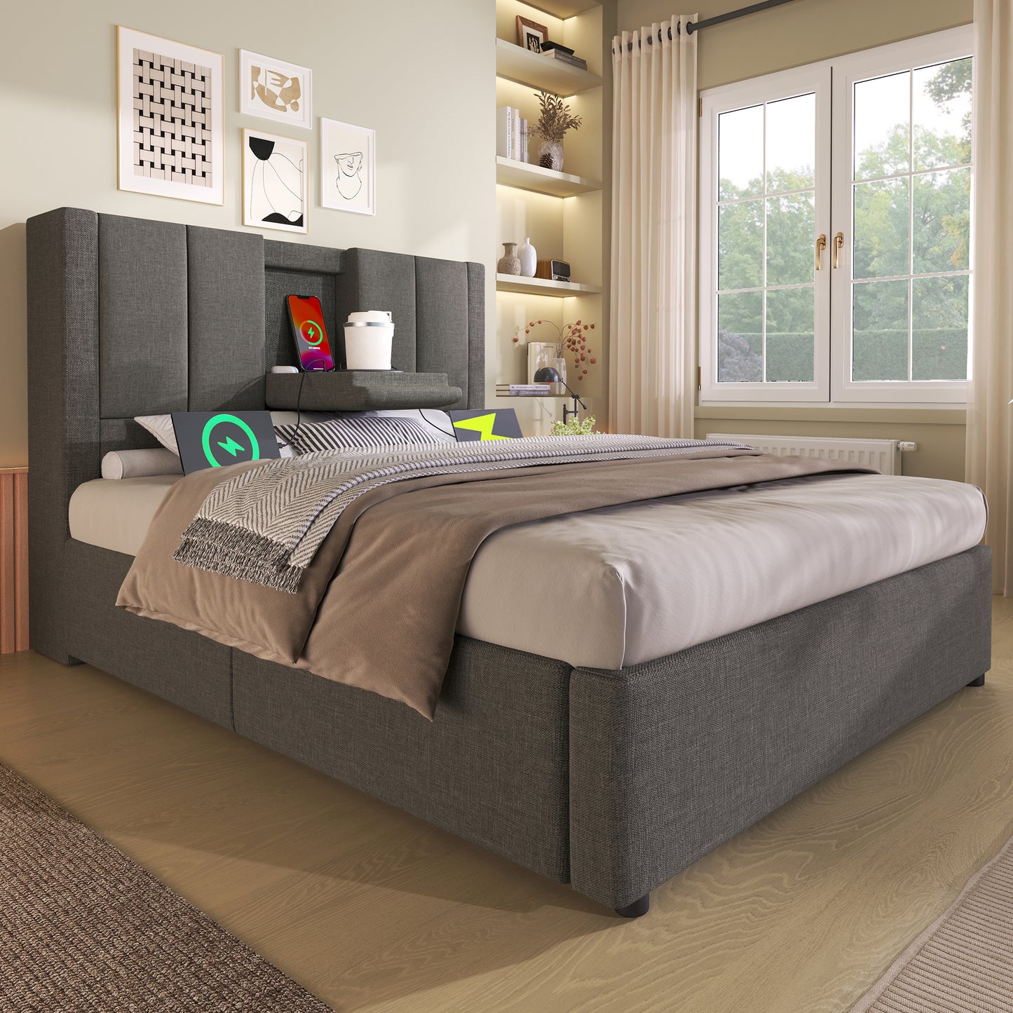 Upholstered Bed 90x200 Cm Single Bed With Hidden Cup Holder & Charging Station, Hydraulic Bed With Storage Space Under The Bed, Incl. Slatted Frame, Linen Grey Without Mattress