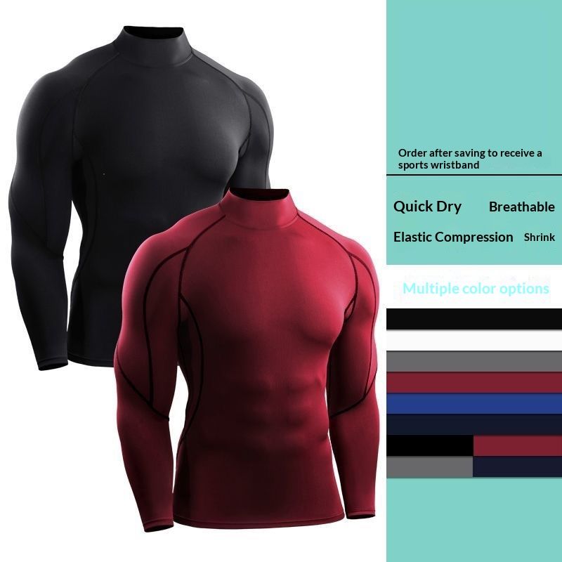 Turtleneck Fitness Top Muscle-fit Long-sleeve Compression Shirt Mens Quick-dry Running Sweatwear