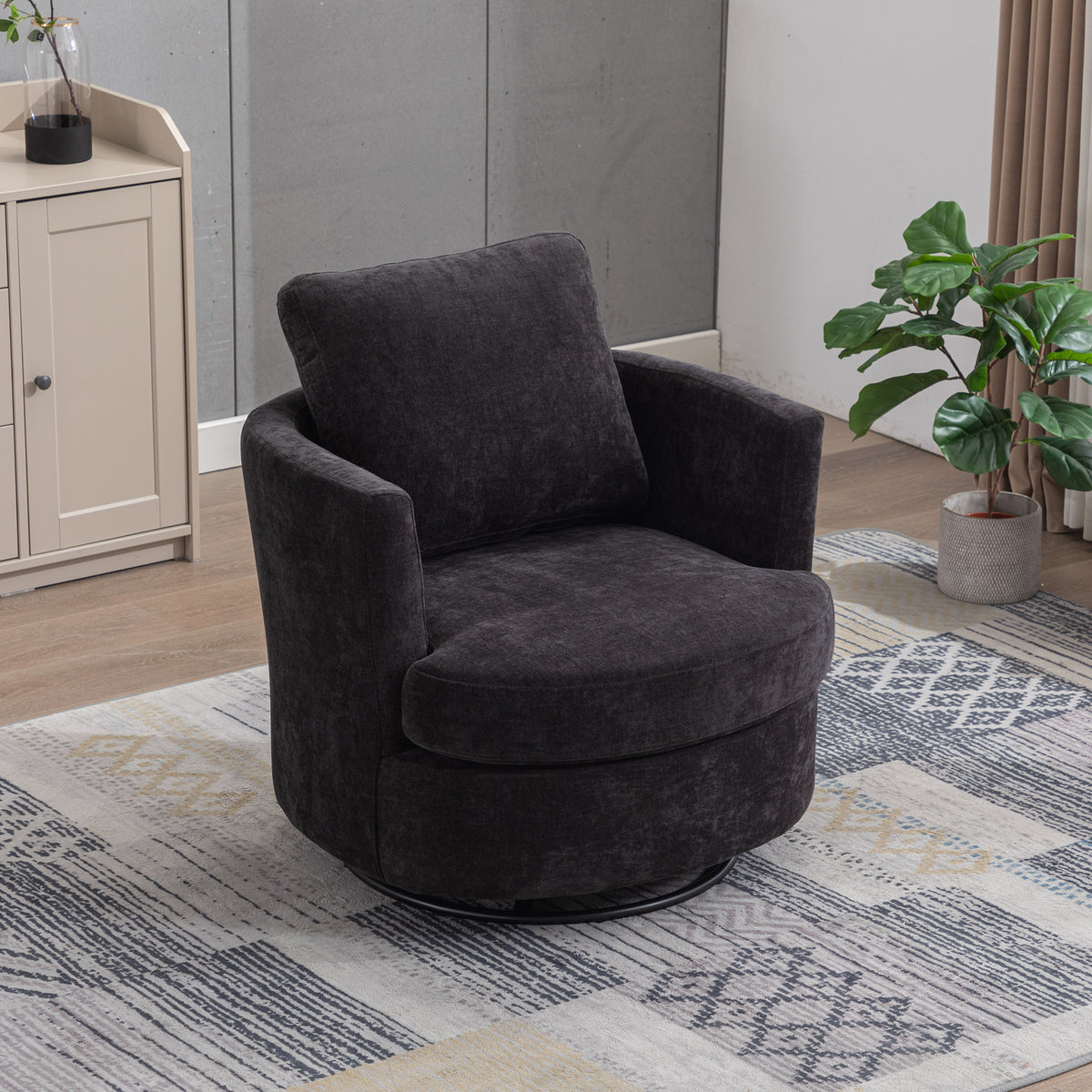 31.9 W Chenille Swivel Accent Barrel Chair And Comfy Round Accent Sofa Chair For Living Room, 360 Degree Club Chair, Leisure Arm Chair For Nursery Bedroom Living Room Lounge Hotel Office Black