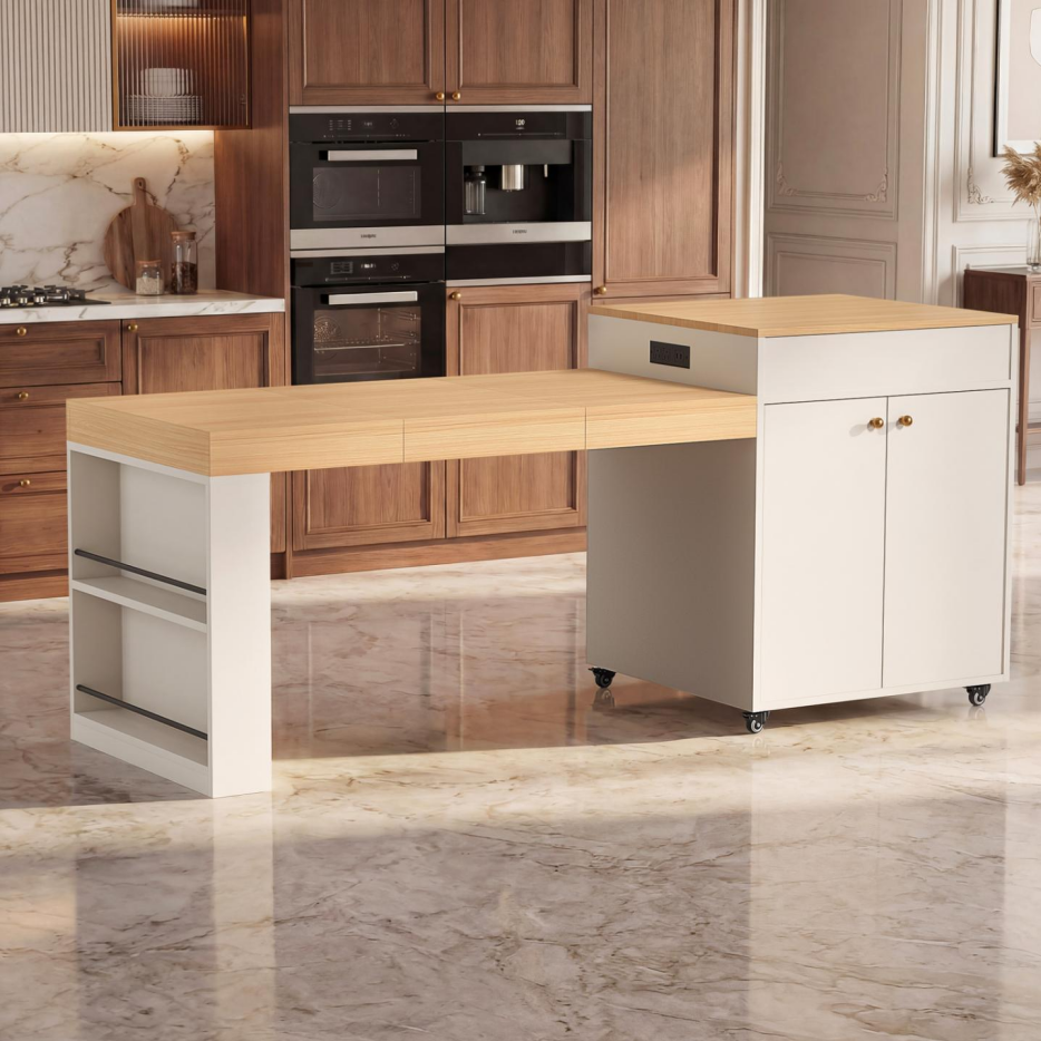 78.8inch Rolling Kitchen Island With 3-Stage Extendable Dining Table Seats 6-8, Built-in Power Outlet, Ample Storage Drawers & Cabinets, Mobile On Wheels - High-Density MDF, Easy Assembly