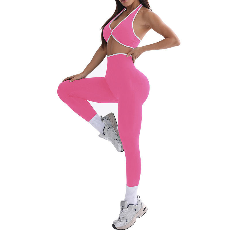 Contrast Color Yoga Chest Kinked Exercise Workout Outfit Suit