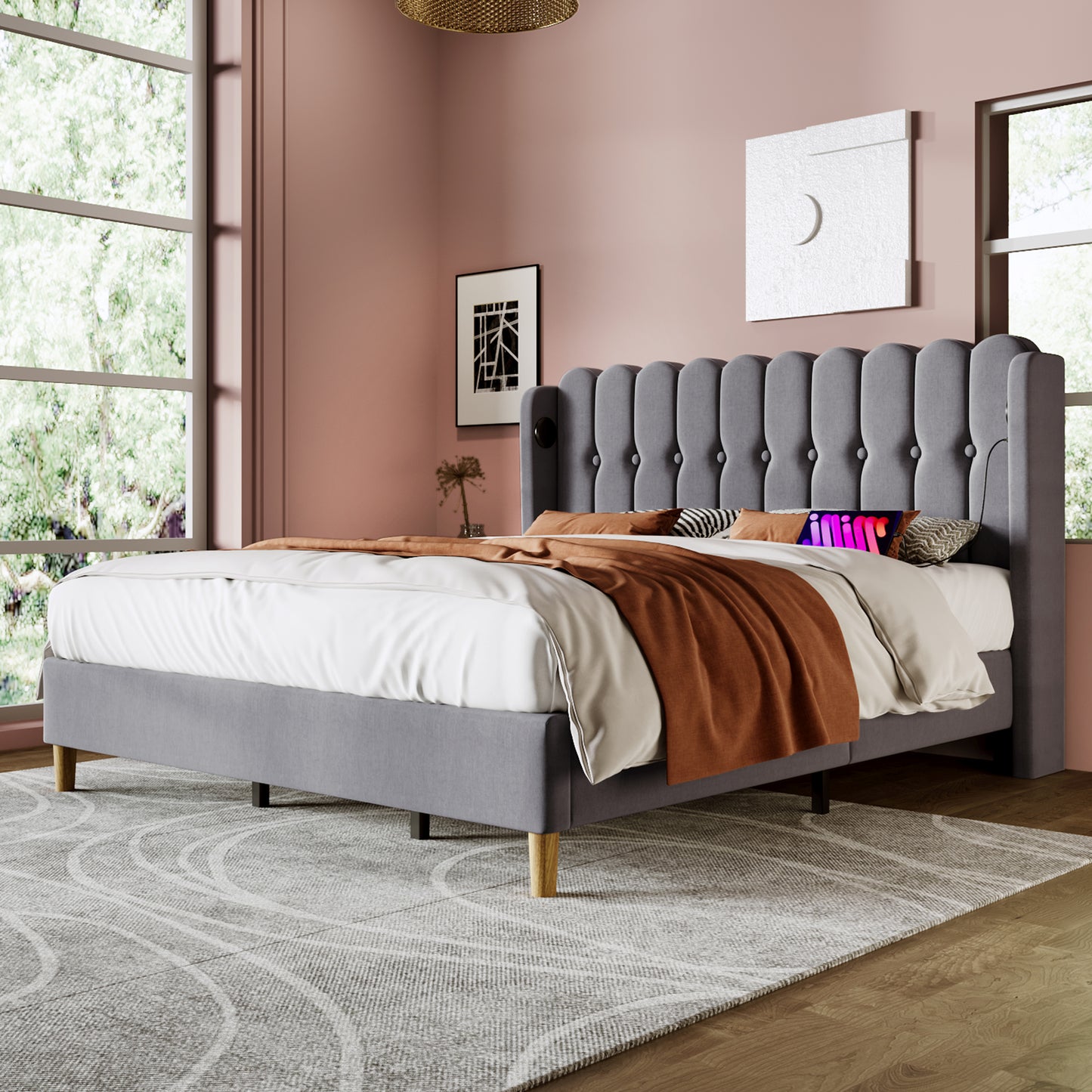 Upholstered Bed Double Bed With USB Type C Charging Function, Bed Frame With Slatted Base, Upholstered Bed In Grey, 180 X 200 Cm Bed Frame Youth Bed For Bedroom Guest Room Linen Material