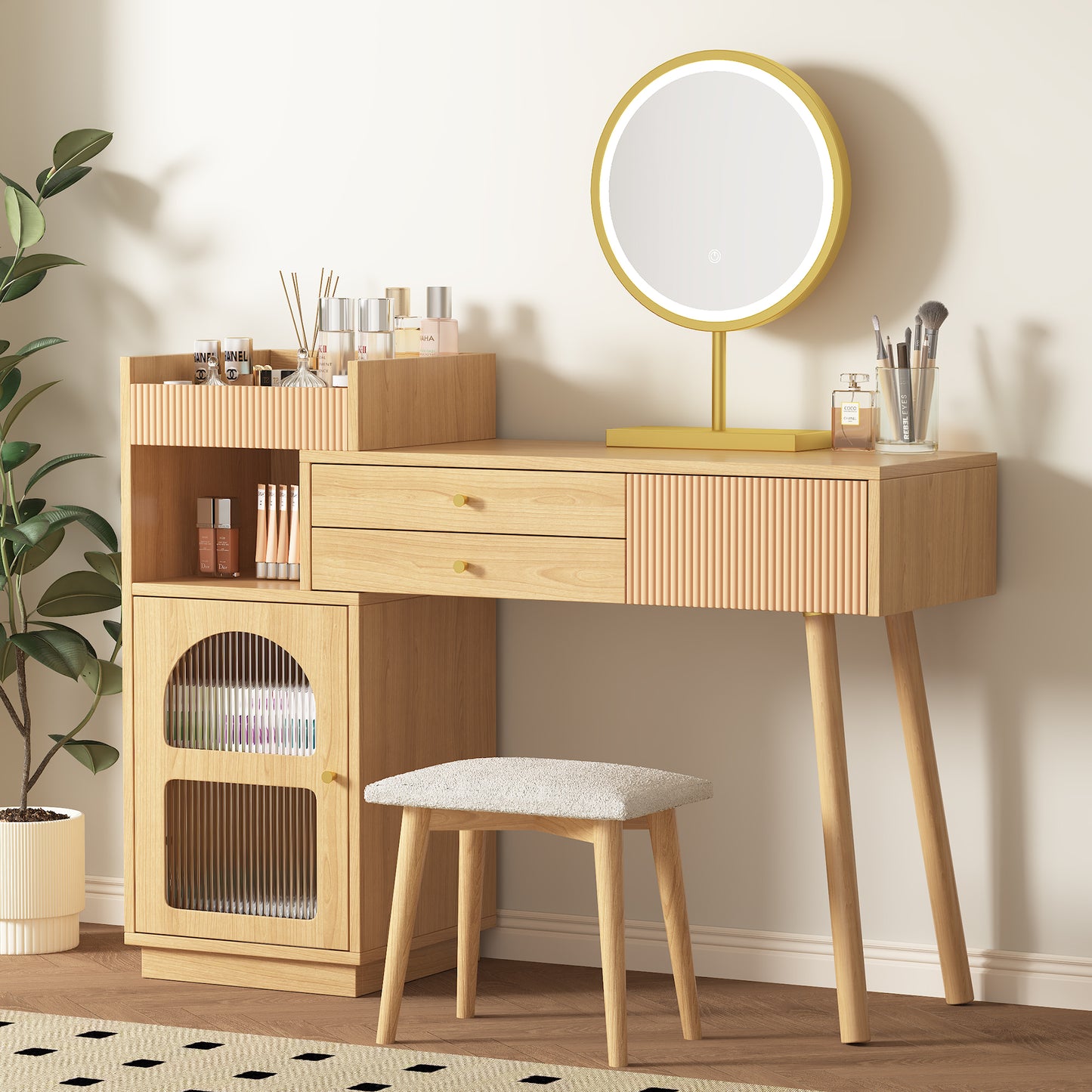 Dressing Table Set, Makeup Table With LED Mirror And 3-color Lighting, Wooden Dressing Table For Bedroom Studio - Dimensions W120 H90 D40 Cm Without Stool Old SKU RN3198724AAA