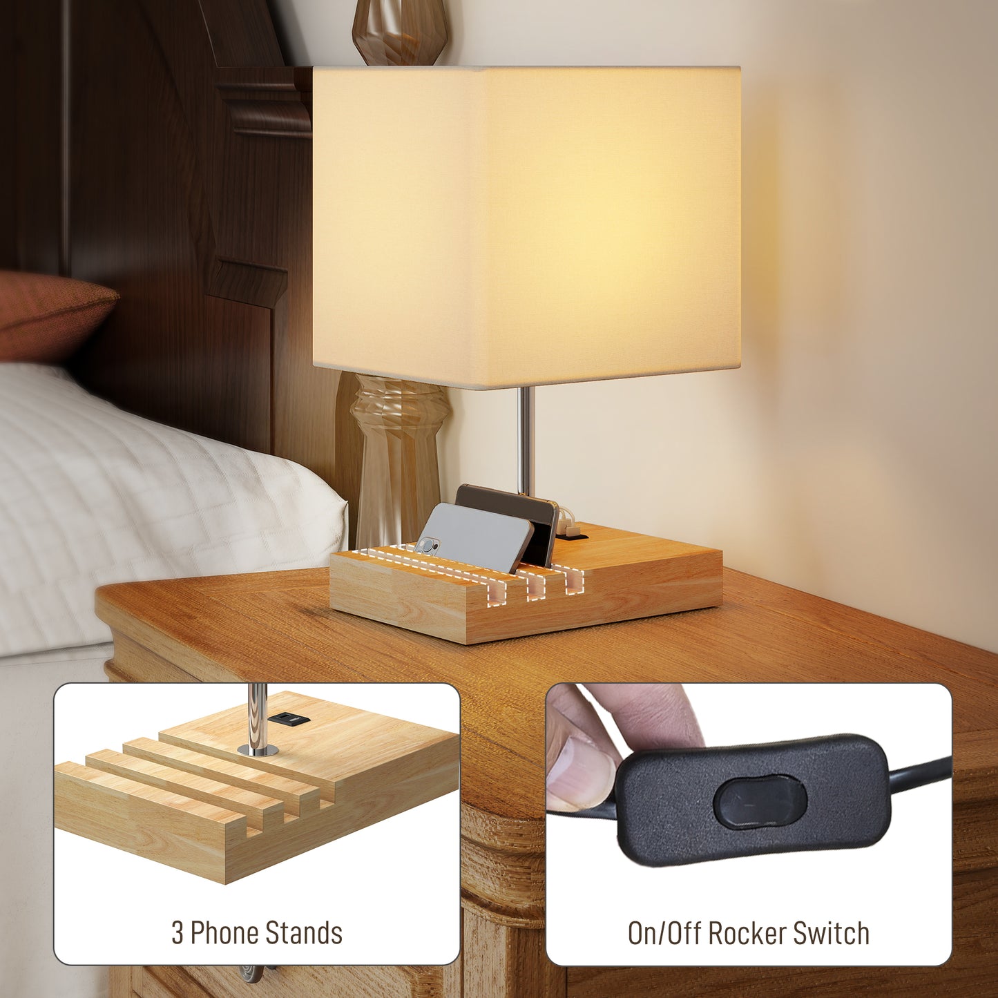 Bedside Lamp With USB A+C Charging Ports And 3 Phone Stands, Modern Table Lamp With Solid Wood Base And Fabric Shade For Bedroom Living Room Office, E27 Socket, Bulb Not Included, White