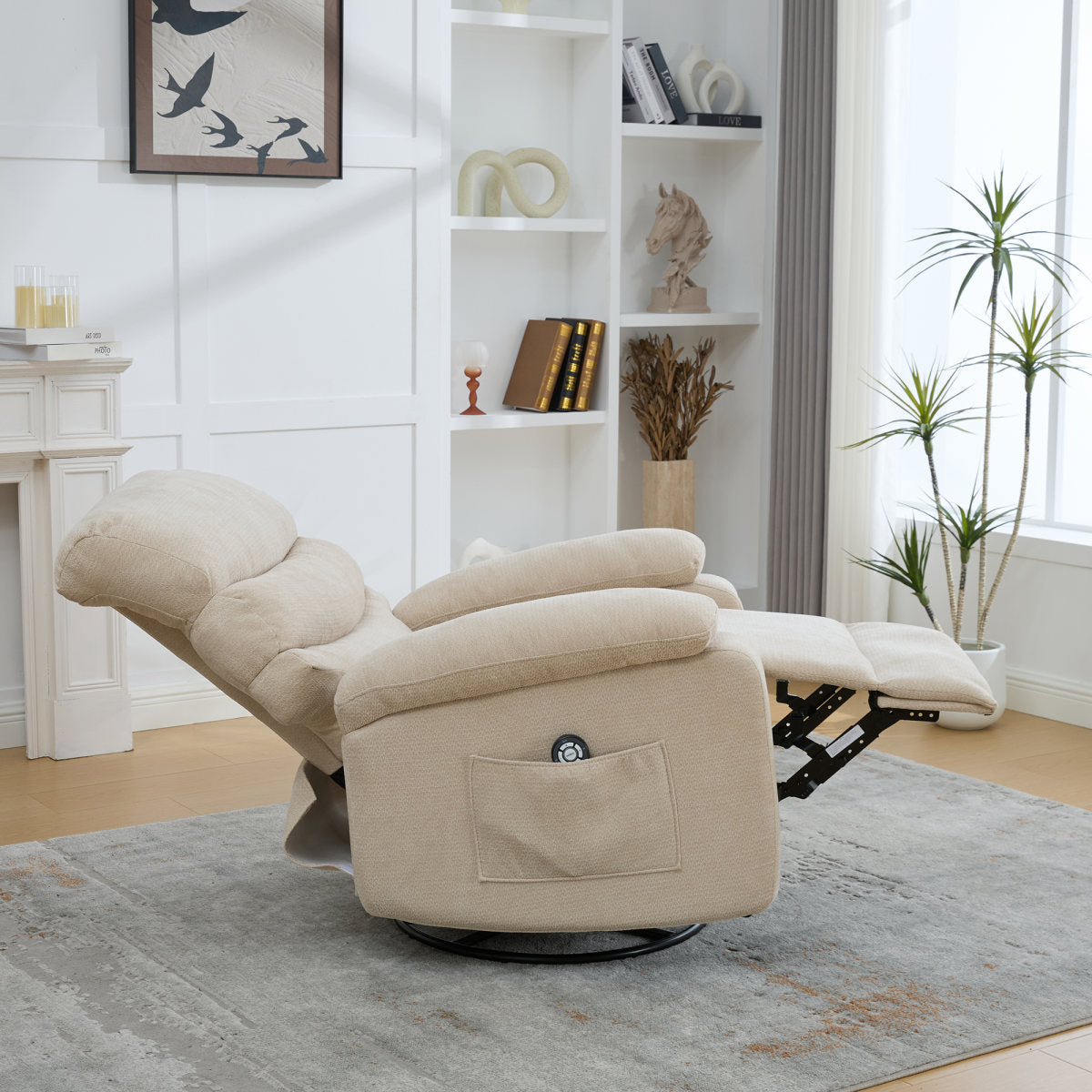 Electric 360 Swivel Recliner With Massage And Heat Function, Manually Adjustable Backrest And Footrest, And Side Storage Pockets. Light Khaki