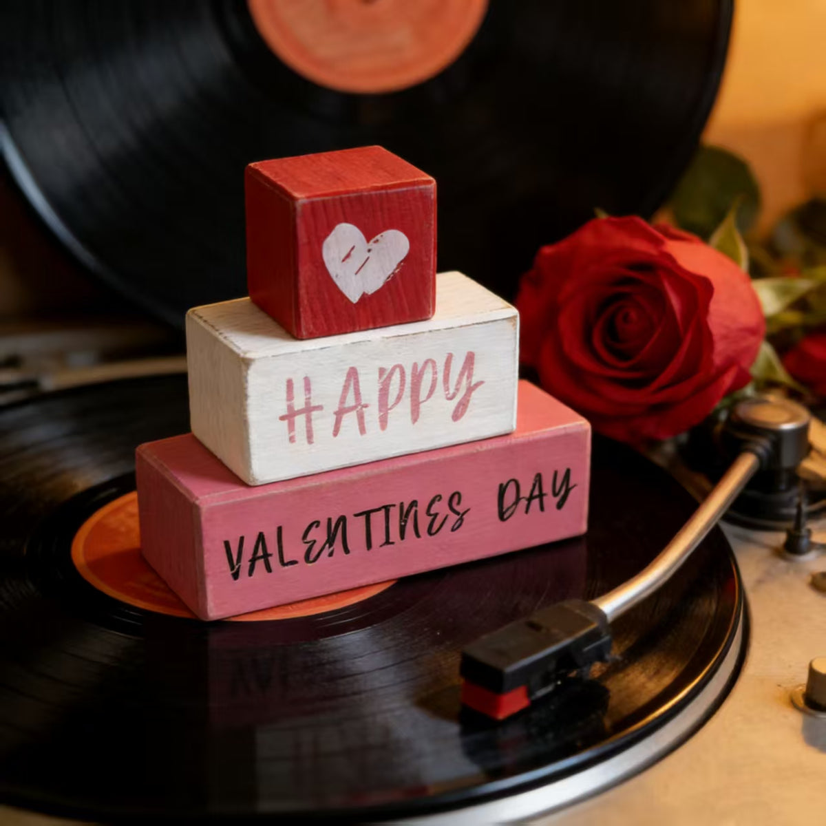 Valentine's Day Wooden Block Sign, Romantic Table Decor With Heart Pattern, Wedding Anniversary Photo Prop