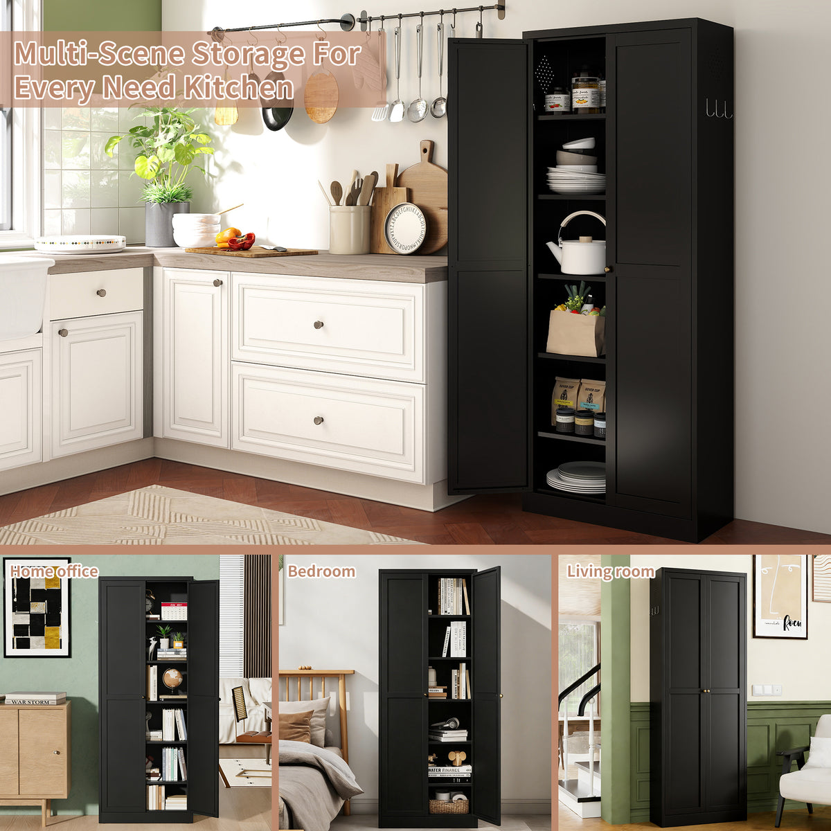 72 Black Metal Kitchen Pantry Cabinet With Doors, Heavy-Duty Freestanding Storage Organizer With 5 Adjustable Shelves, Tool-Free Assembly For Pantry, Kitchen, Bathroom