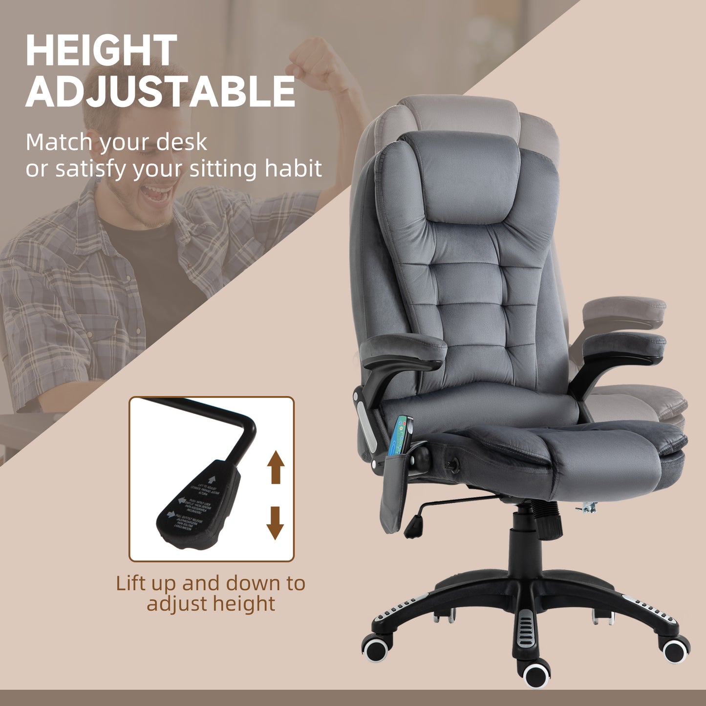 Vinsetto Massage Recliner Chair Heated Office Chair With Six Massage Points Velvet-Feel Fabric 360° Swivel Wheels Grey