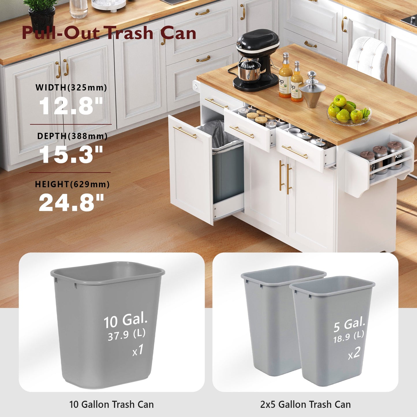 K&K 59.3 Kitchen Island With Storage 2 Pull Out Cabinet Organizers & Rubber Wood Drop Leaf, Rolling Kitchen Island With Trash Can Storage, Power Outlet, Spice & Towel Rack For Kitchen, Dining, White