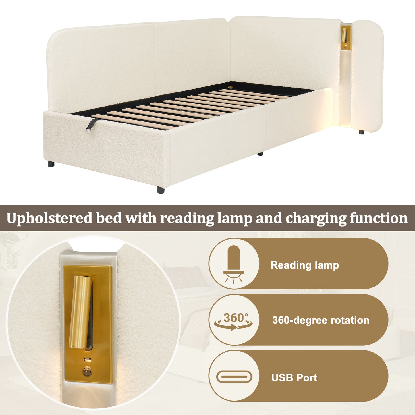 Daybed, 3FT Single Bed 90x190cm, L-shaped Upholstered With Storage, Sofa Bed, Hydraulic Bed With USB Charging Port And Reading Lamp, Velvet, Beige