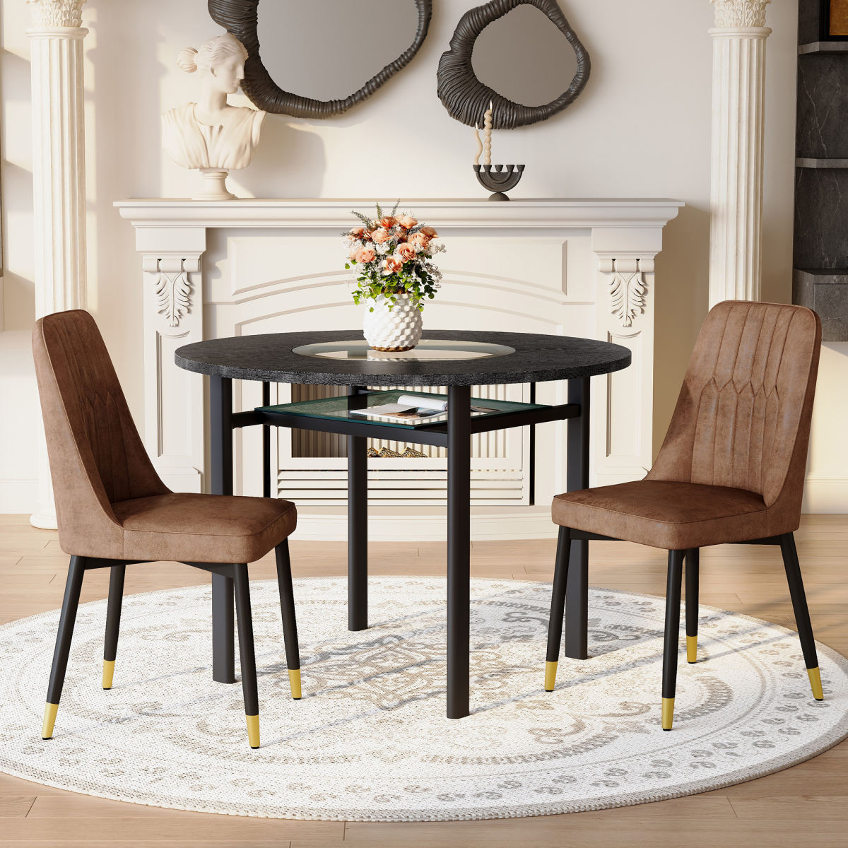 Modern Minimalist Round Table Set With 2 Brown Armchairs In Tech Fabric And Black Metal Legs , Round Table With A Diameter Of 100 Cm In Black Wood Effect, Suitable For Living Rooms.
