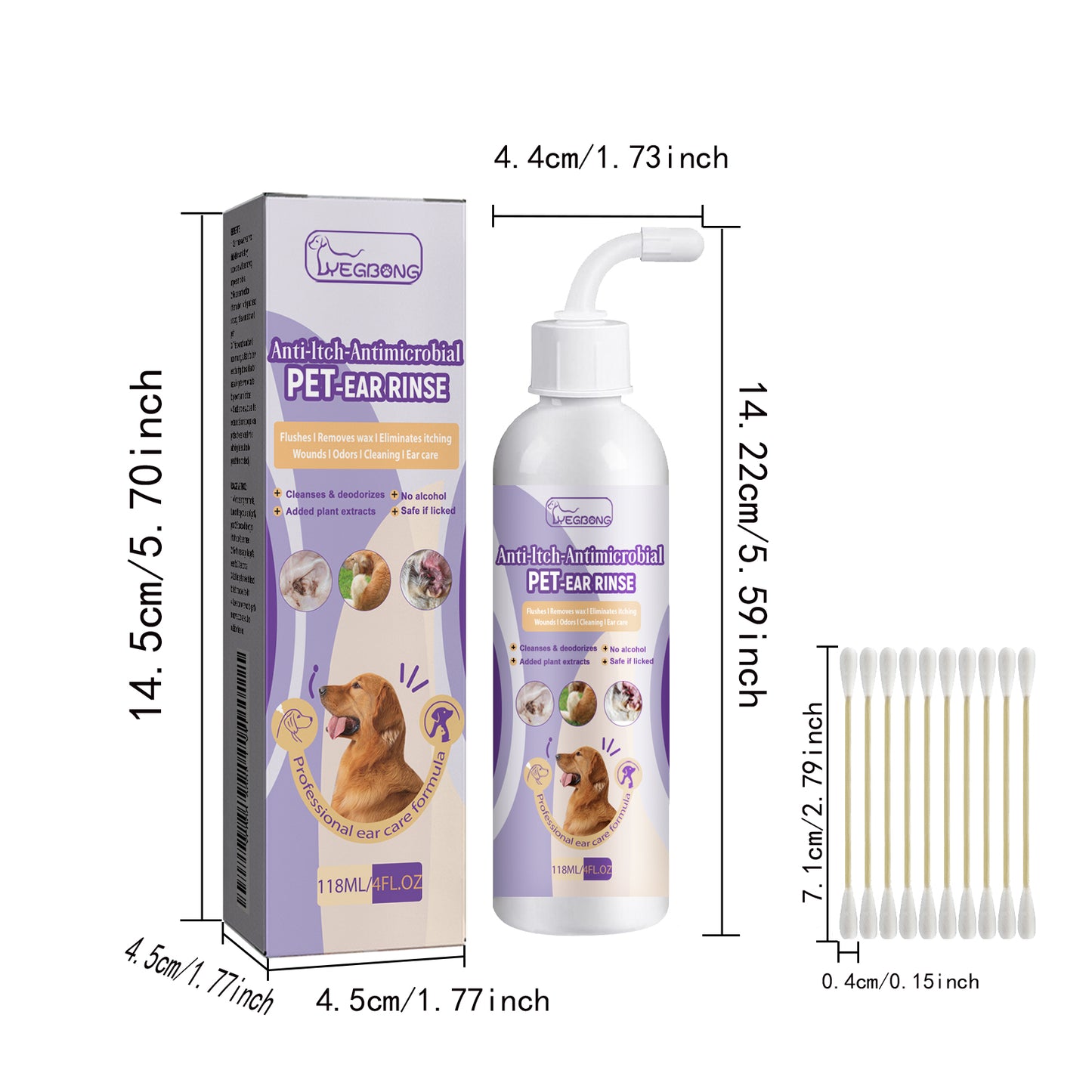 118ml Pet Ear Rinse Cleaner With Glycerin & Disodium EDTA, Anti-Itch Antimicrobial Ear Wash For Dogs Cats, Alcohol-Free Gentle Ear Cleanser With Cotton Swabs
