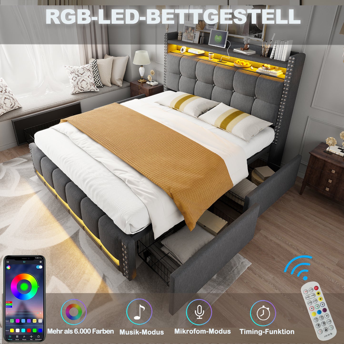 Upholstered Bed 160x200 Cm With LED Lighting And USB Socket, Headboard With Shelves And Storage Space With 4 Drawers, Double Bed For Adults, Linen Fabric Grey