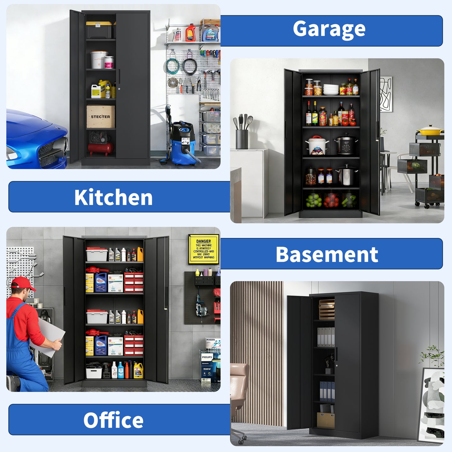 71H Metal Garage Storage Cabinet, Black Tool Steel Locking Cabinet With Doors And 4 Shelves, Tall Cabinets For Garage Storage Systems Lockable File Cabinet For Home Office, Classroom Pantry