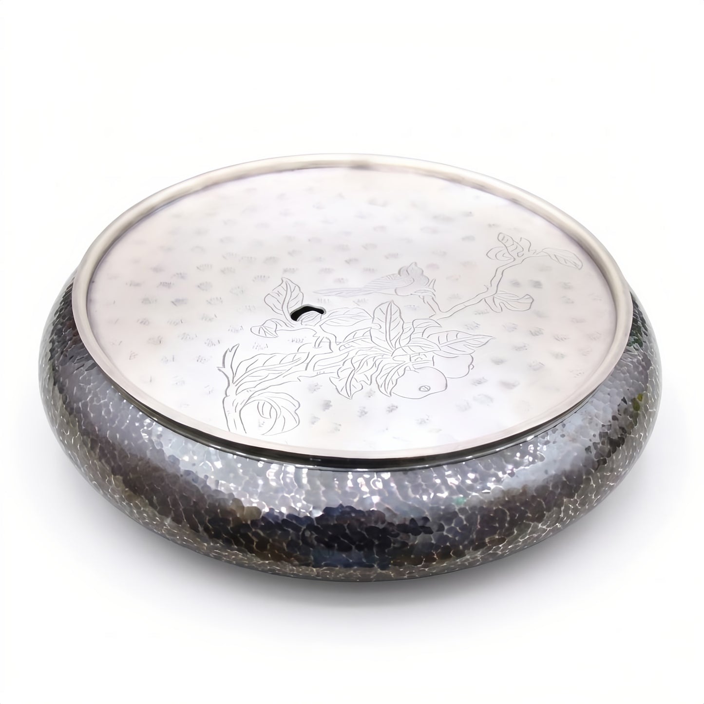 Pure 999 Fine Silver Elegant Hammered Silver-Tone Tea Caddy with Engraved Bird and Blossom Lid - Handicraft