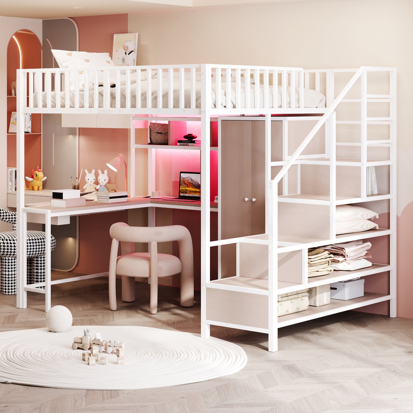 Metal Loft Bed 140 X 200 Cm With Desk, Shelf, Wardrobe And Drawers, With Storage Ladder And Safety Railing, Complete With Charging Socket And LED Lighting, Metal Frame, White