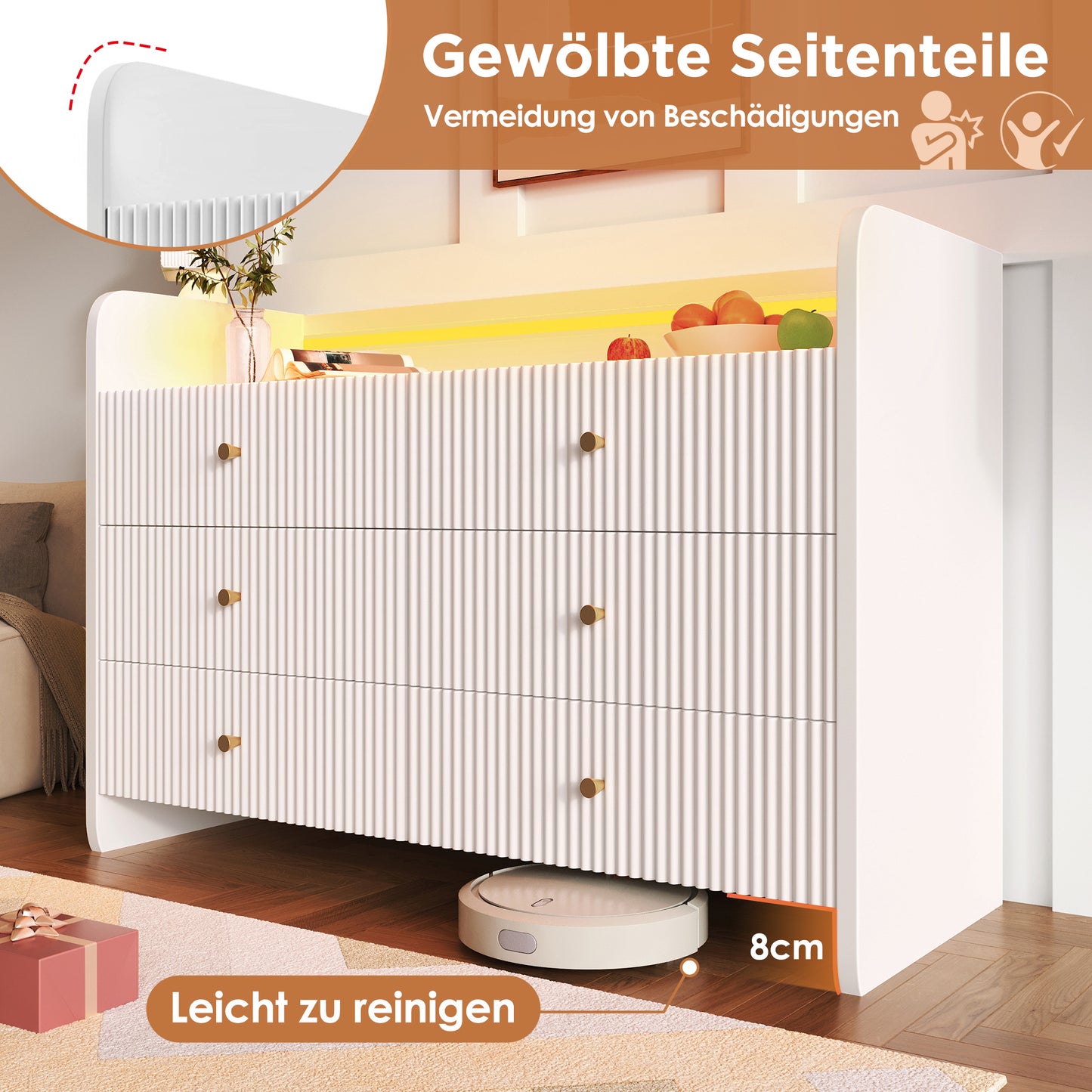 Sideboard, Chest Of Drawers With LED Lighting And 6 Drawers, Wavy Groove Design, Modern Wardrobe For Living Room And Bedroom, 120x40x75cm, White