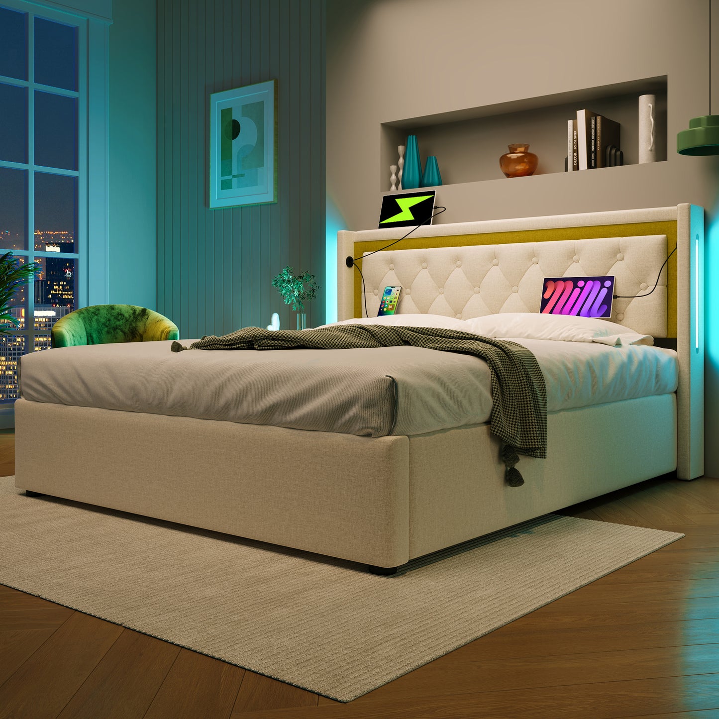 Upholstered Bed LED Double Bed Storage Bed Box With USB Type C Charging Function Headboard,Storage Beds Bed Frame Made Of Cotton Youth Bed 140x200 With Slatted Base Without Mattress
