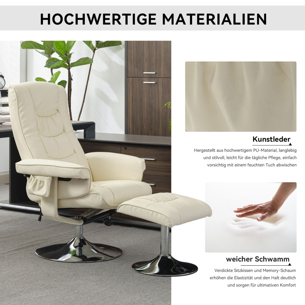 Massage Chair With PU Upholstery And Ottoman, Footstool With 5-Point Massager For Living Room And Bedroom, Beige