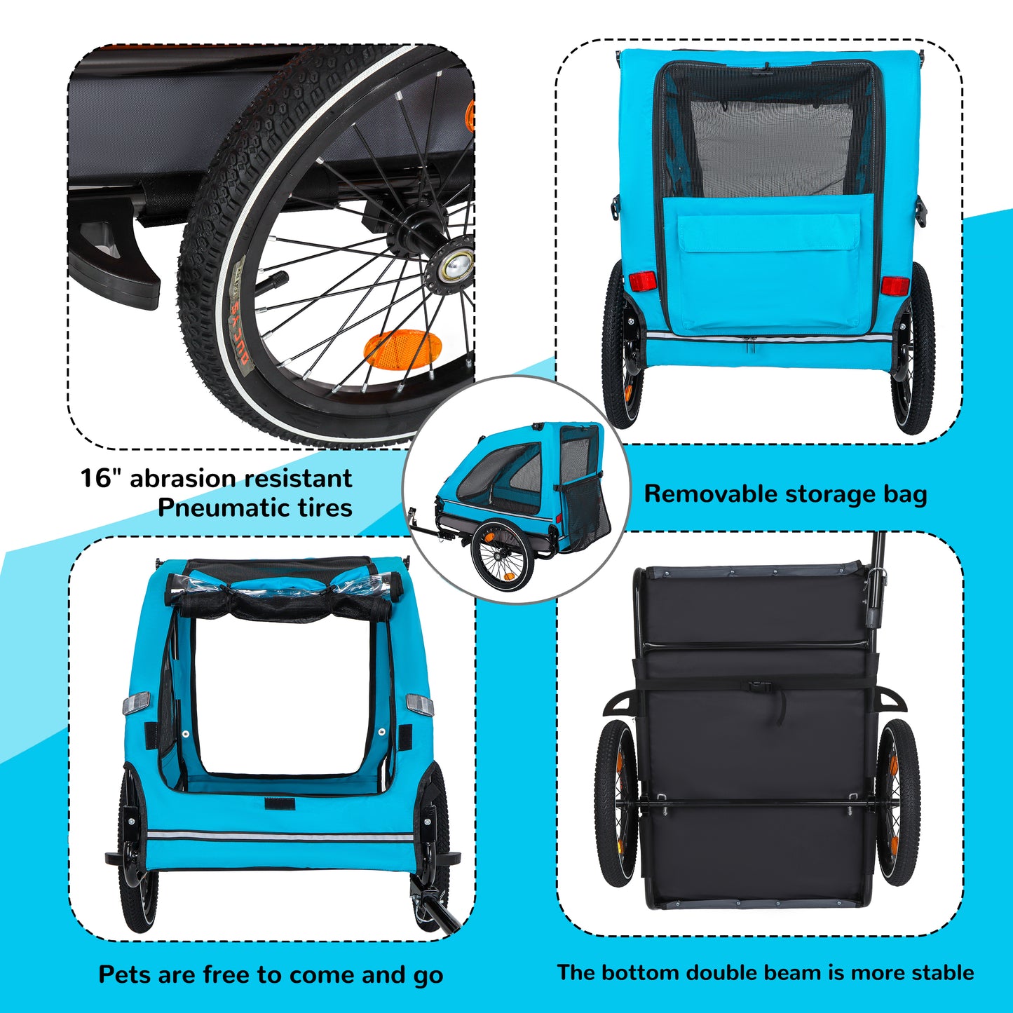 Pet Bike Trailer Dog Cart For Bicycle,Suitable For Small And Medium Pets, Easy Folding Cart Frame, Quick Release Wheel, Non-Slip Floor, Internal Leash, Blue Grey