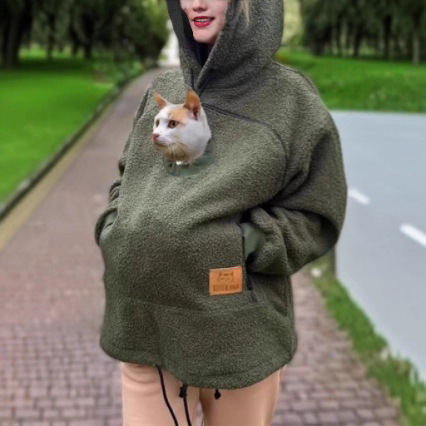 Ladies Warm Pet Pouch Hoodie With Kangaroo Pocket For Cats