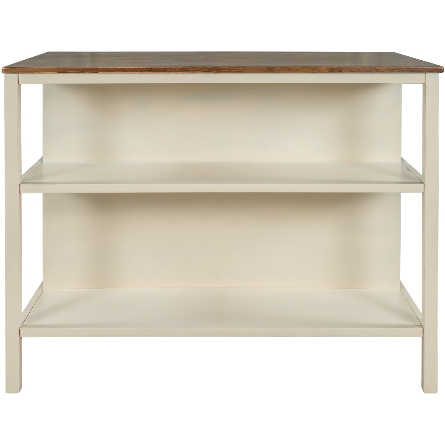 TOPMAx Solid Wood Rustic 45 Stationary Kitchen Island Rubber Wood Butcher Block Dining Table Prep Table With 2 Open Shelves For Small Places Walnut Cream White