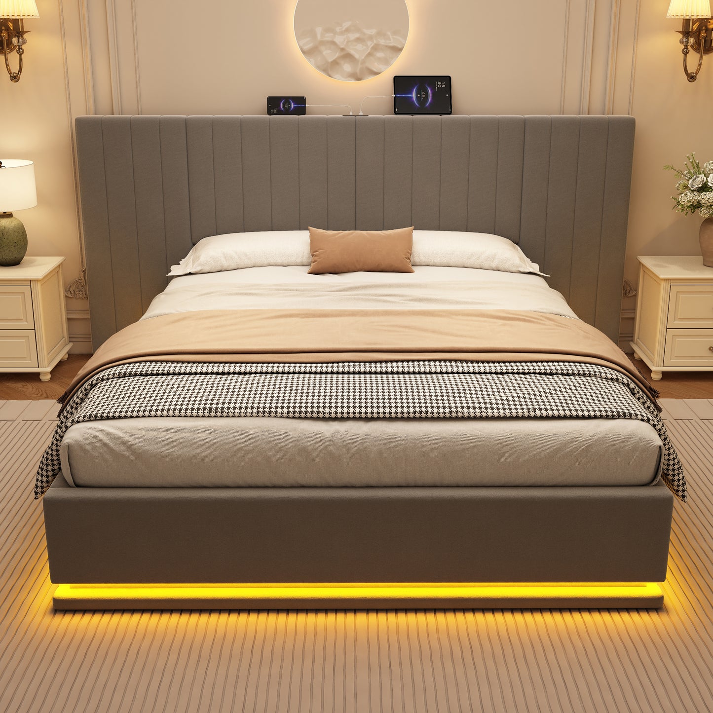 King Ottoman Bed With LED Lighting, Velvet Hydraulic Storage Bed With Charging Station, 5ft King Bed Frame Channel Tufted With Wide Headboard, USB And Type - C Ports, Grey No Mattress