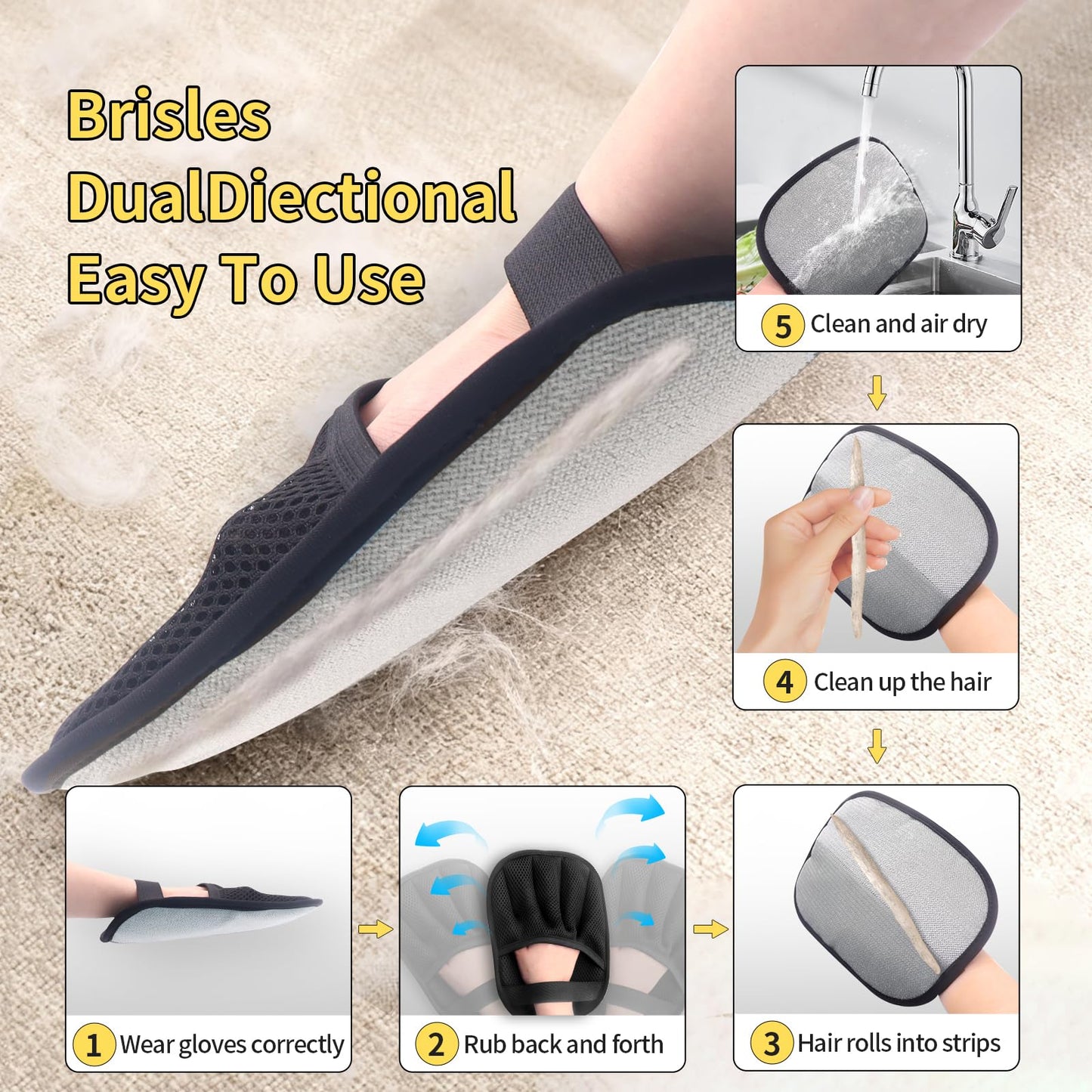 Upgraded Pet Hair Removal Gloves With Snug Elastic Wrist - Electrostatic Five-Finger Reusable Fur Remover For Cats & Dogs, Effortless Cleaning Tool For Couch, Carpet, Clothing & Car Seats