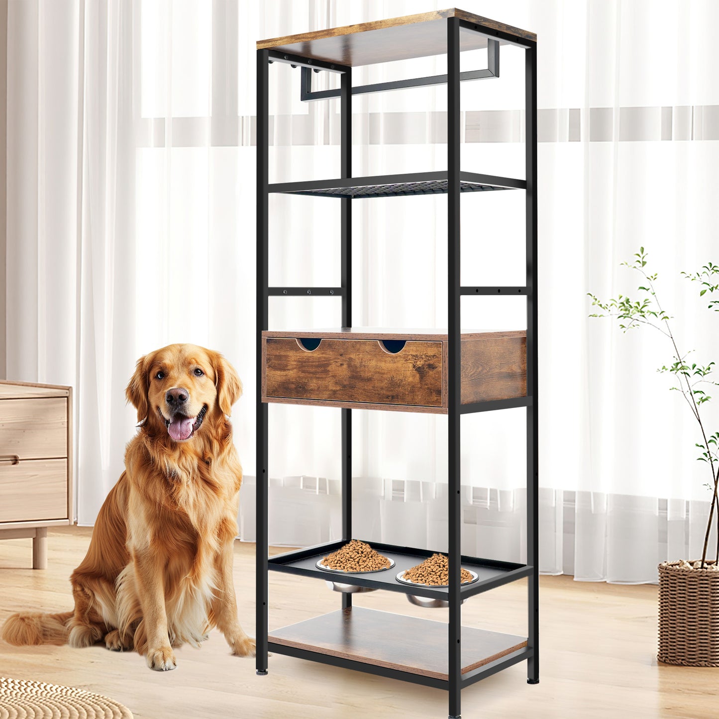 Dog Feeding Station,3 Height Adjustable Raised Dog Bowls, Dog Feeder Station For Large Medium Dogs Cats, Dog Storage With Shelves.