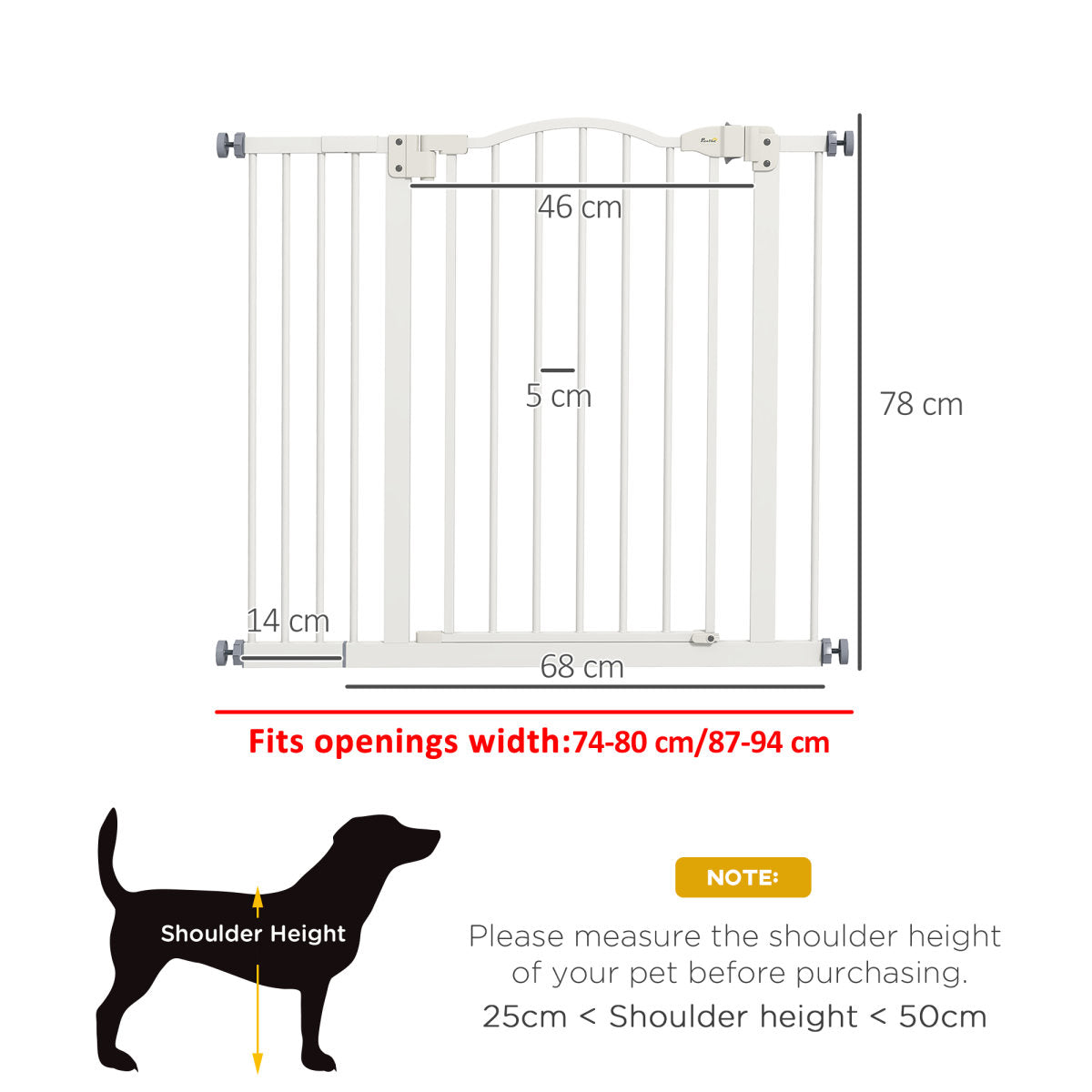 PawHut Metal 74-94cm Adjustable Pet Gate Safety Barrier W/ Auto-Close Door White