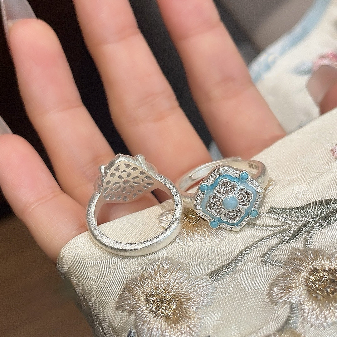 1pcs 999.9 Sterling Silver Filigree Enamel Treasure Flower Ring, Luxury Retro Style, Ideal For Birthdays & Holiday Gifts