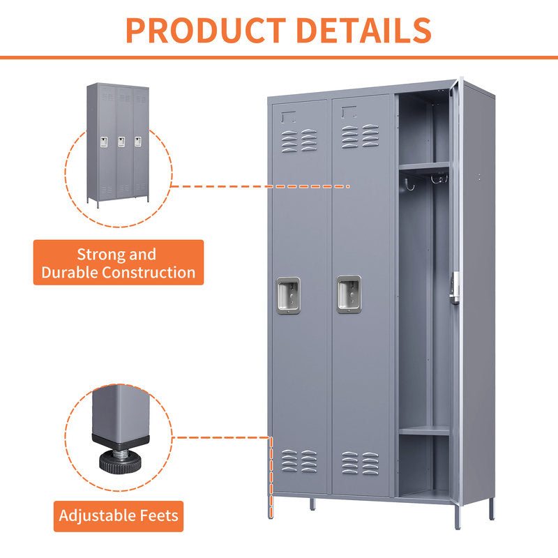 3-Door 72in Steel Locker W Locks For Employees, Storage Cabinet For Home Gym Office School Garage, Gray