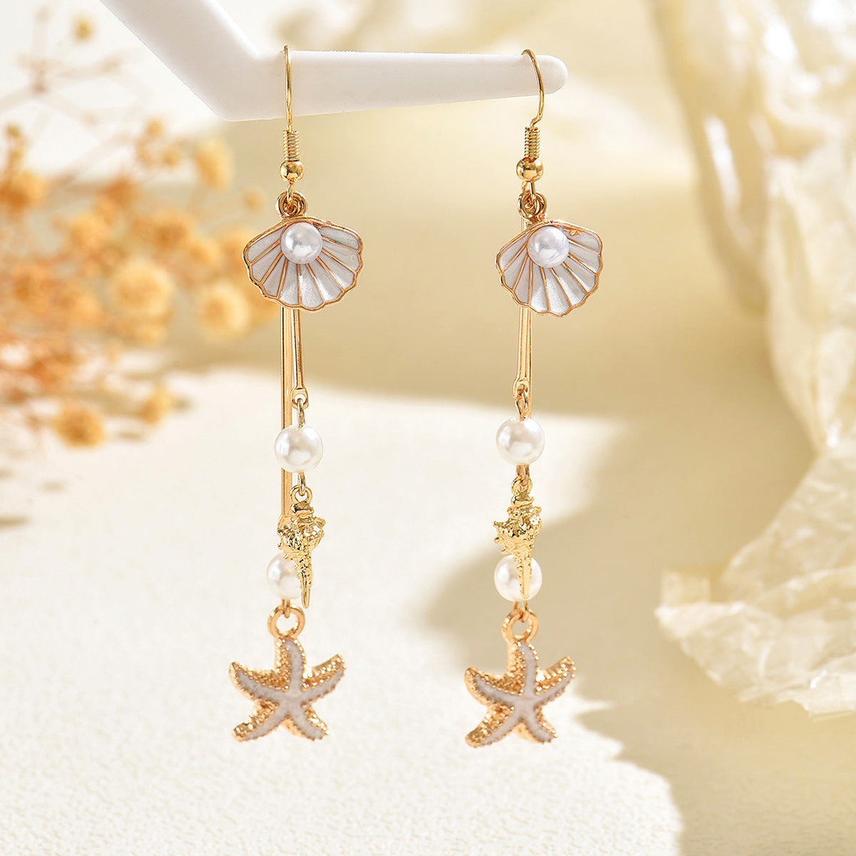 Cross-border European American Ocean Style Women Jewelry, Niche Long Drop Earrings With Shell & Starfish Pendant Inlaid Faux Pearl, Light Luxury Elegant Ear Accessories