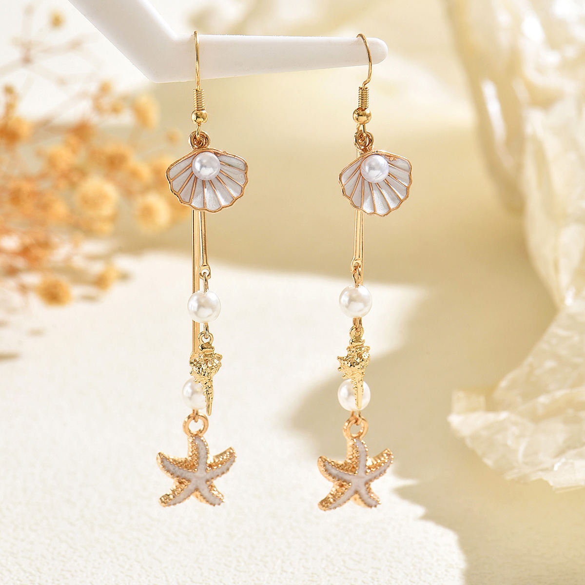 Cross-border European American Ocean Style Women Jewelry, Niche Long Drop Earrings With Shell & Starfish Pendant Inlaid Faux Pearl, Light Luxury Elegant Ear Accessories