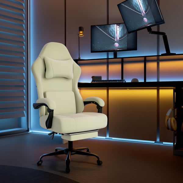 Ergonomic Gaming Chair, Video Game Chair With Massage Lumbar Support And Footrest, Height Adjustable Fabric Computer Chair With Pocket Spring Cushion, White