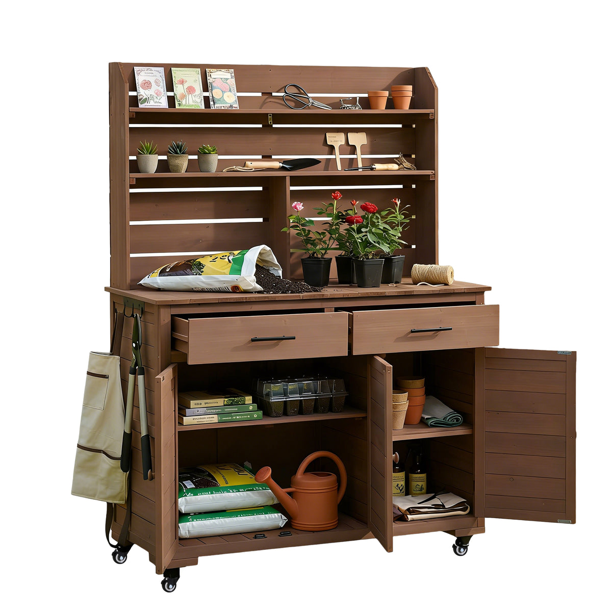 Assembly Video TOPMAx 65 H Large Garden Potting Bench With Lockable Wheels And Storage Cabinet Wood Outdoor Kitchen Island Prep Cart With Hutch Top Drawers And Removal Shelves For Grilling Brown