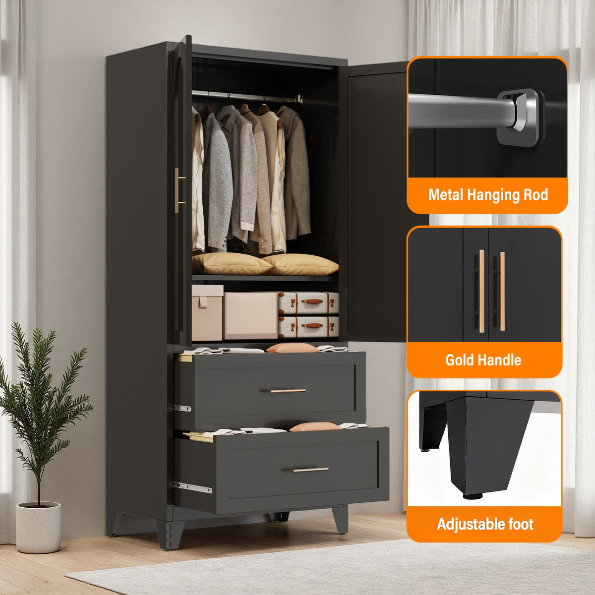 71 Tall Metal Wardrobe Cabinet With 2 Drawers And Hanging Rod, 2 Doors Wardrobe Closet With Shelf For Bedroom, Office, Laundry Room,Entryway ,Foyer,Guesthouse Black