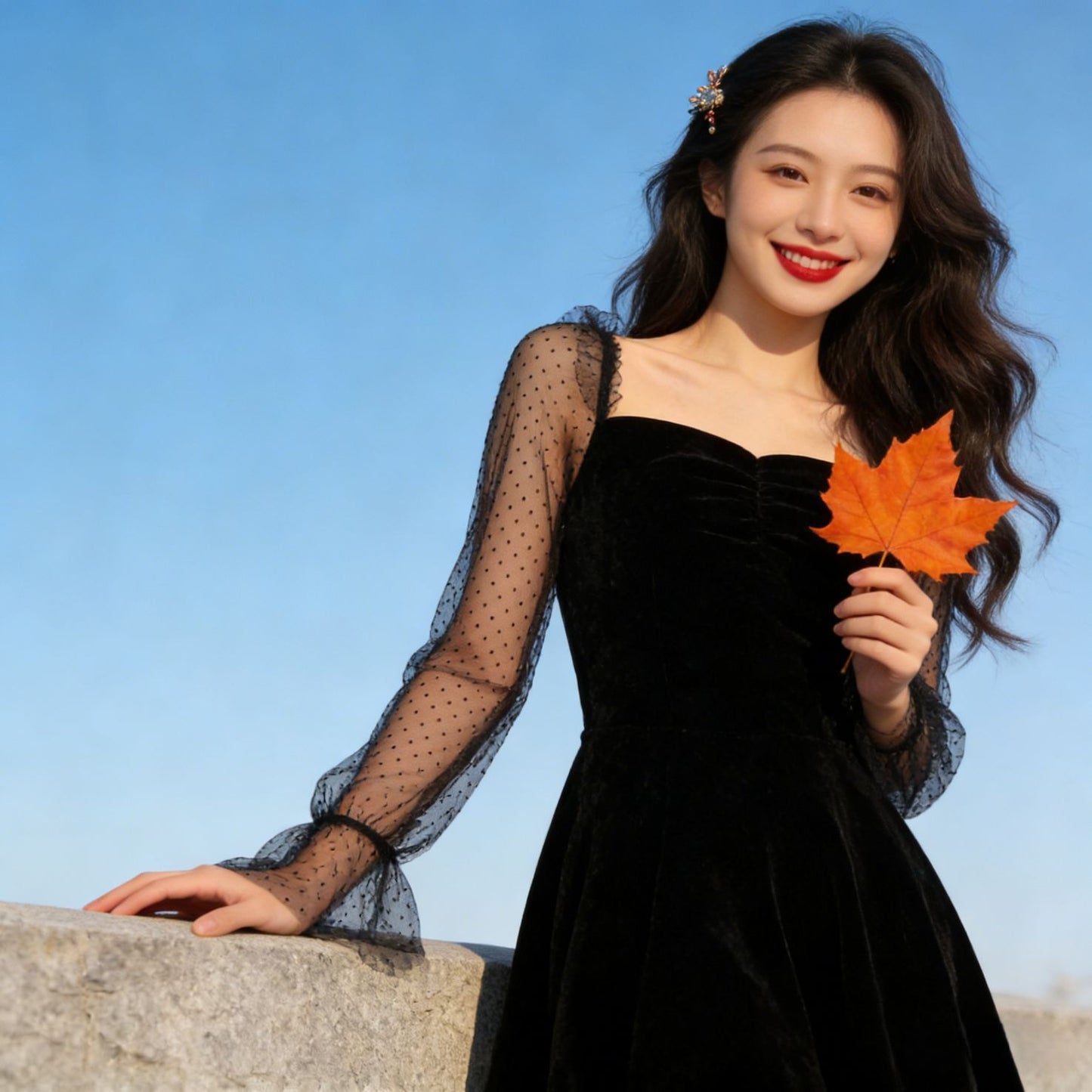 Korean-style Retro Elegant Chiffon-Sleeved A-line Dress