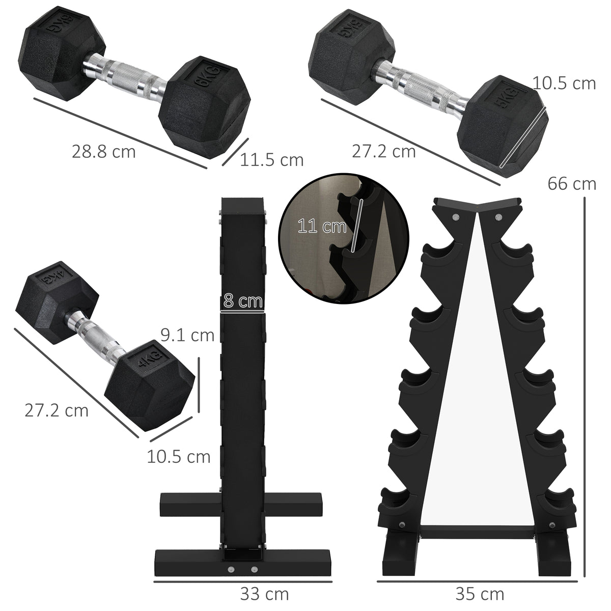 5-Tier Dumbbell Rack With 6 Hexagonal Rubber Dumbbells 2x4kg, 2x5kg, 2x6kg, Dumbbell Storage Stand Holder With Weights Sets For Home Gym Fitness, Black