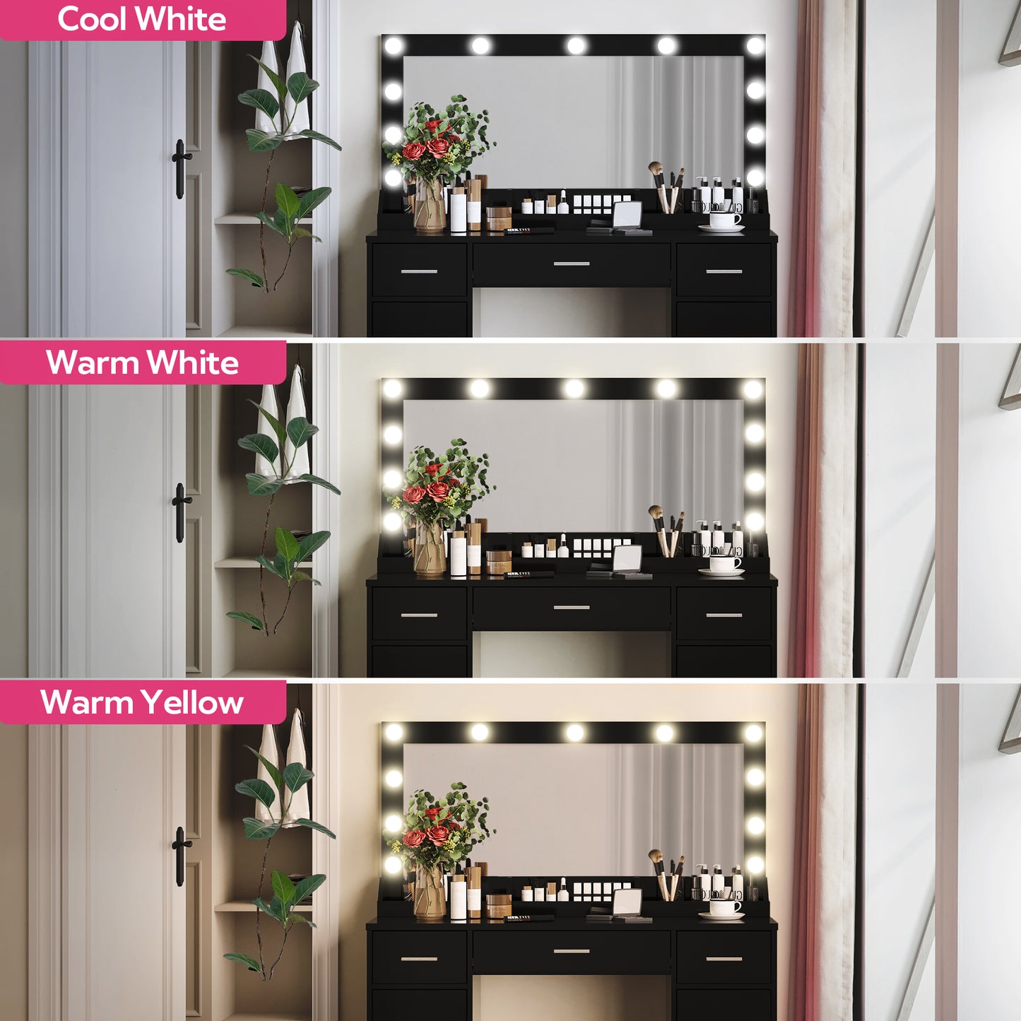 47.2 Vanity Desk With Large Mirror, 3 Colour Lighting Modes, Adjustable Brightness, Dresser With 3 Drawers & 2 Vertical Cabinets, Makeup Vanity Table For Women & Girls Black