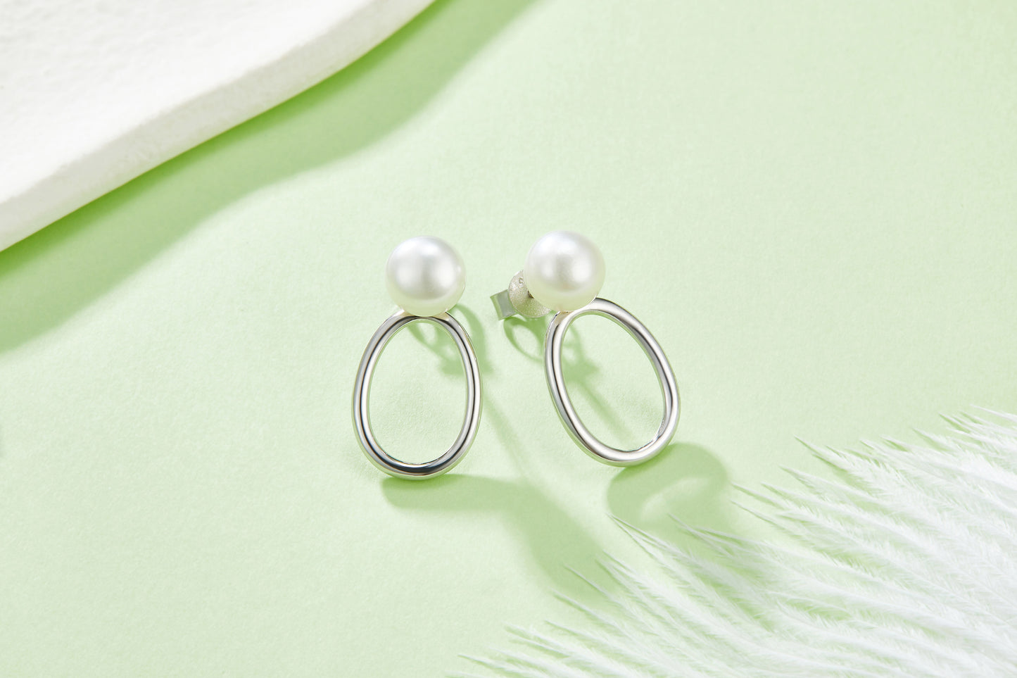 S925 Sterling Silver Natural Freshwater Pearl Earrings Minimalist Hollow Oval Ring Design Platinum Plated 1.6g Gift Box